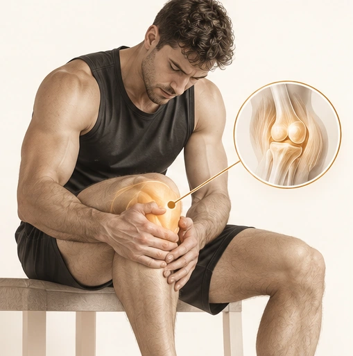 Hombre con dolor de rodilla y detalle anatómico de la articulación.